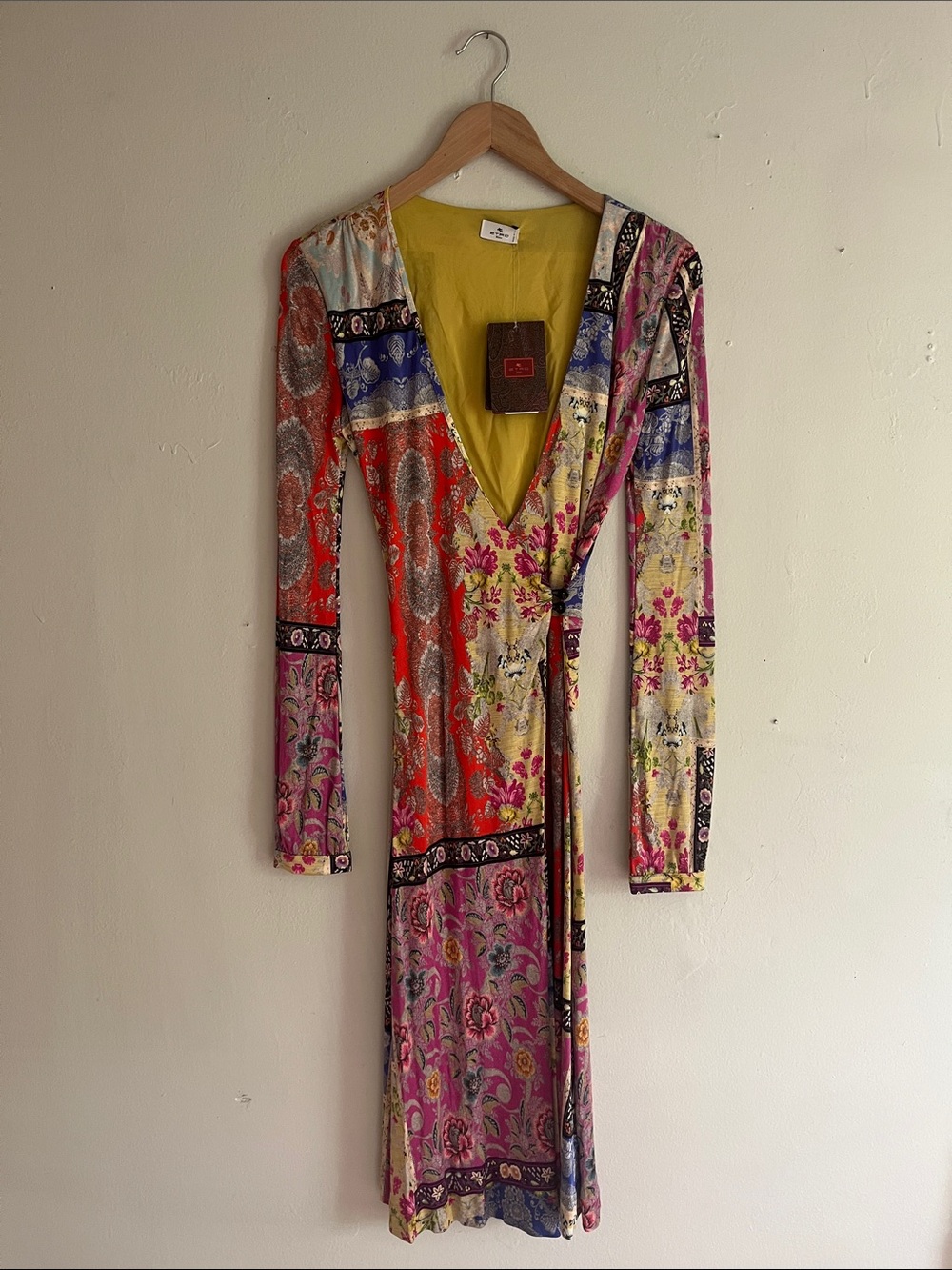 Etro Multicolor Floral Paisley Wrap Dress with Yellow Lining